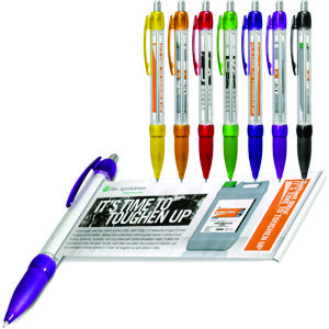 click action banner pen in clear plastic with a range of coloured contrast colours
