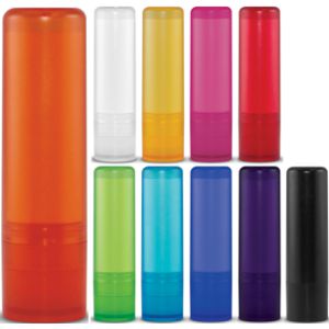 large range of coloured transparent tubes of lip balm, printed with your logo!
