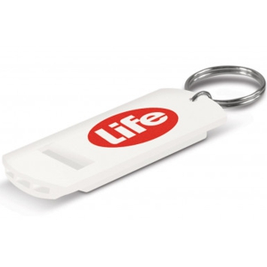 white safety whistle on a silver split keyring, shown with a custom printed logo
