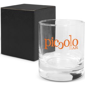 single glass tumbler printed with corporate logo and shown wih optional black gift box