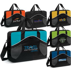 black business type conference satchel with contrast panels in a variety of colours, shown with custom prints