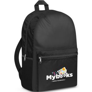 black backpack with custom printed logo
