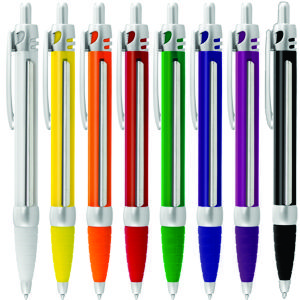 unique coloured plastic barrel banner pen with smart silver fittings.