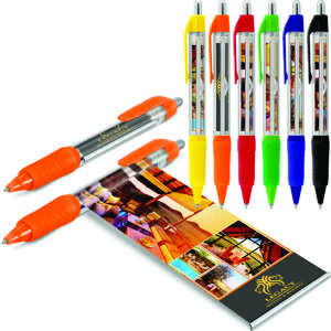 clear plastic barrel banner pen with contrast rubber grip & matching clip