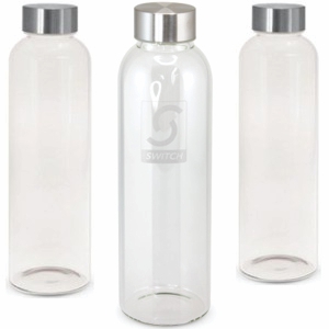 glass drink bottle with silver metal lid shown as plain and custom printed with a logo