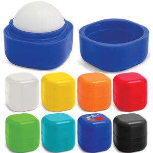 ball shaped lip balm in bold coloured square shaped packaging