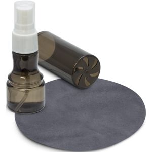 spray bottle of screen cleaning solution that comes with a lens cloth and cylinder lid
