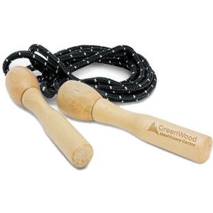custom decorated natural timber skipping rope with black rope