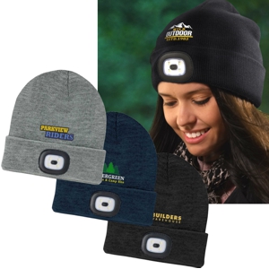 headlamp beanie shown in 3 colours, also shown worn by a woman