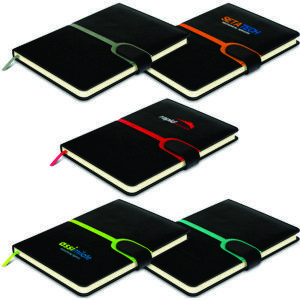 A5 PU cover black notebook with contrast stripe and magnetic clip closure, features 160 cream pages