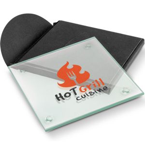 single square glass coaster shown with corporate logo and black sleeve packaging
