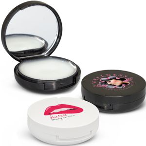 lip balm in small round compact with mirror, available in black or white