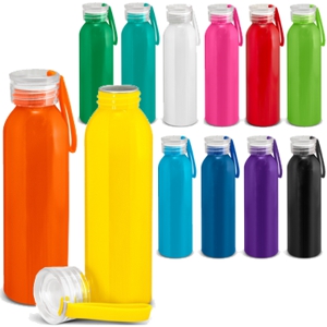 aluminium drink bottle shown with the lid on and off, also shown with the full range of colours