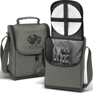 2 person picnic cooler bag shown closed and open, with a custom printed logo