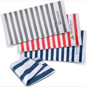striped beach towel shown in grey, red and navy with custom logos