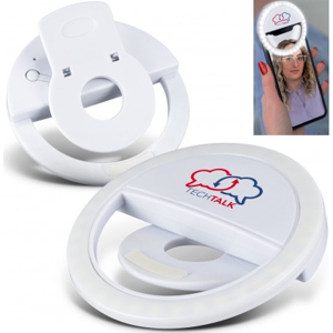 round white selfie phone light shown with custom printed logo, also shown being used and lit