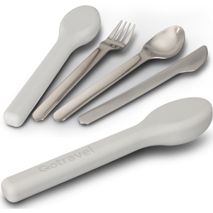 metal cutlery set includes knife, fork and spoon, shown with the spoon shaped silicone case