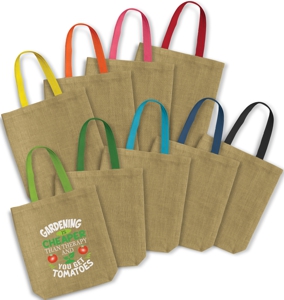 natural jute tote shown with the large range of contrast handle colours