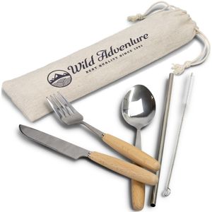 stainless steel cutlery set with timber handles shown with straw and custom printed calico bag