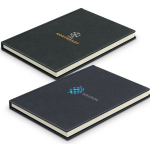 Recycled cotton A5 notebook shown with custom printed logos