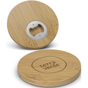 round bamboo bottle opener coaster with custom engraved logo