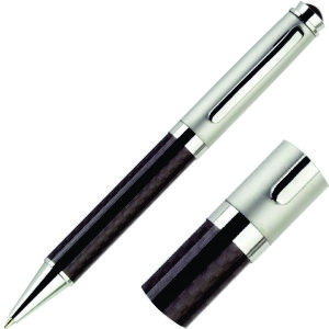 quality matt silver metal ballpoint pen with black carbon fibre contrast