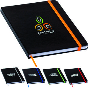 quality black hardcover A5 notebook with contrast colour elastic & matching ribbon marker