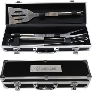 set of 3 Bar B Que tools in a luxury hard carry case, case is shown open and closed