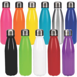 500ml metal aluminium drink bottle in the shape of a milk bottle, shown in the range of colours