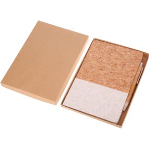 A5 notebook with cork and natural cotton cover, includes pen and shown packaged in a natural card gift box