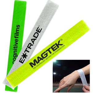reflective slap bands in green, silver or yellow, shown with custom printed logo
