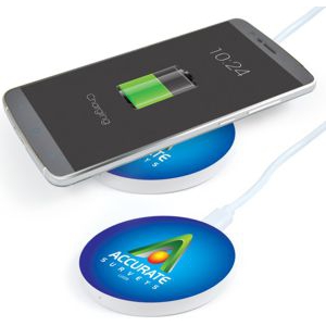 round wireless charger shown printed with custom logo