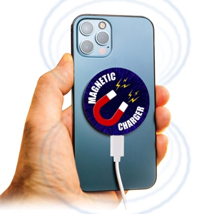 small round magnetic wireless phone charger shown with custom full colour printed logo attached to a phone