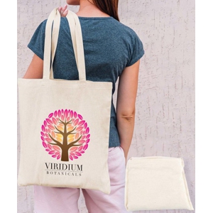 branded calico tote that folds up into a pouch
