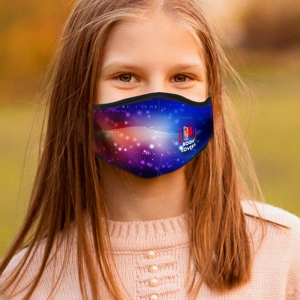children's face mask shown with a bold custom printed sublimation graphic