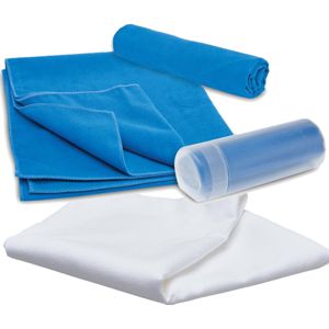 microfibre sports towel in blue or white shown with tubular packaging