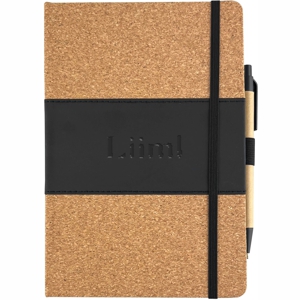 a5 notebook with cork cover, black contrast band and natural recycled cardboard pen