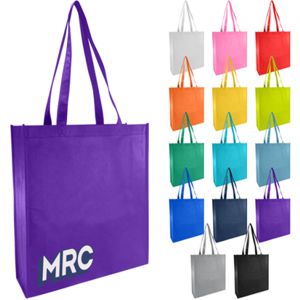 non woven tote with gusset, shown with custom print on purple tote along with the large range of colours available
