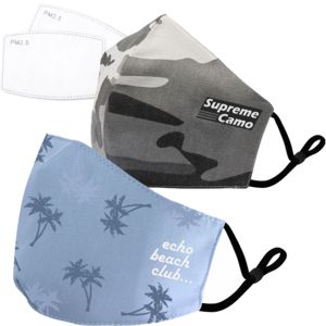 fabric face masks with additional filter pocket, shown with 2 different custom prints and 2 filters