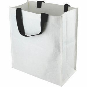 white strong paper tote interwoven with cotton threads for extra strength, features black PP handles