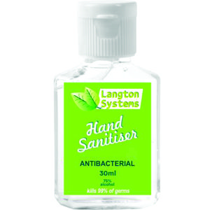 30ml hand sanitiser in small clear plastic bottle, contains 75% alcohol