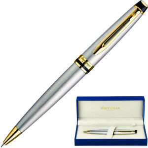 Waterman stainless steel ballpint pen with gold trim contrasts