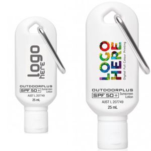 25ml sunscreen in white container with silver carabiner, shown printed with custom logos