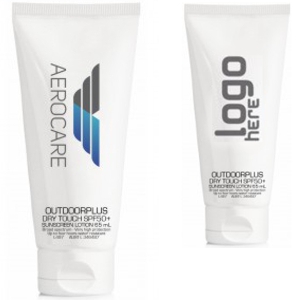 65ml SPF50+ sunscreen in white tube with custom printed logos