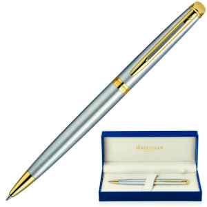 Waterman brushed stainless steel ballpoint pen with gold colour trims, gift boxed in a quality Waterman pen box