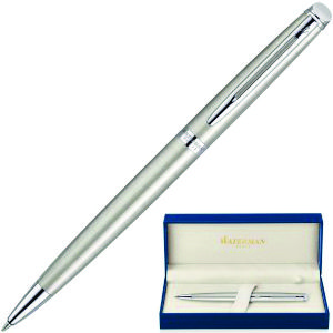 Waterman stainless steel Hemisphere ballpoint pen with shiny silver accents, packaged in a Waterman pen box